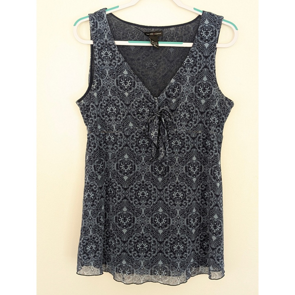 NY&Co Y2K Sheer Micro Mesh Tank‎ Top XL Blue Medallion Tie Front Fairycore